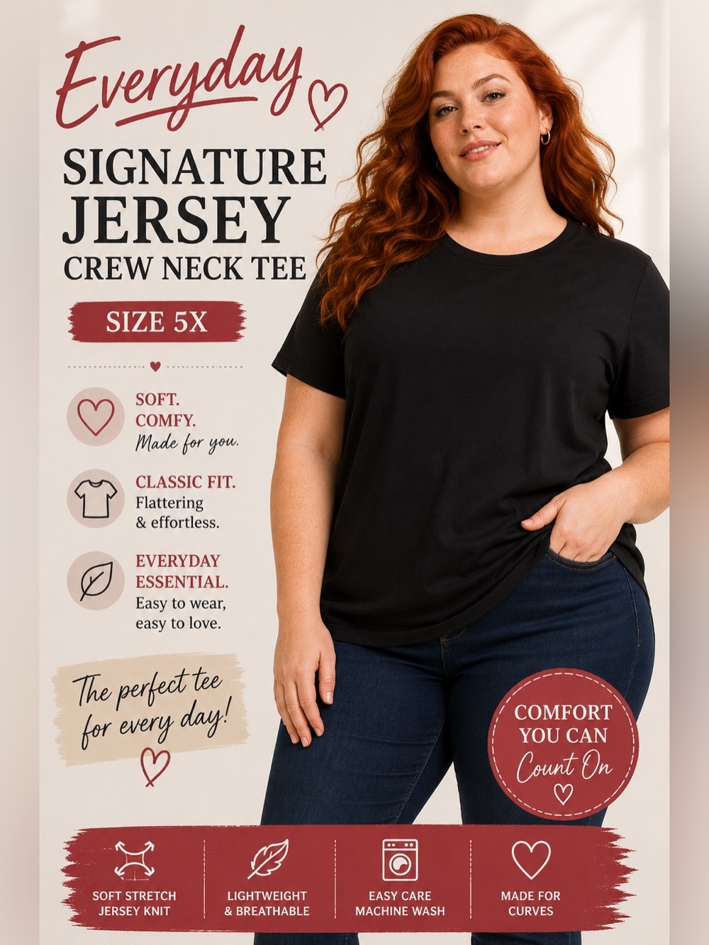 Everyday Signature Jersey Crew
Neck Tee 5 C Bust 29” Length 34”